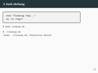 A bash shebang
echo "Cleaning /tmp..."
rm -rf /tmp/*
$ bash cleanup.sh
$ ./cleanup.sh
-bash: ./cleanup.sh: Permission denied
45
 