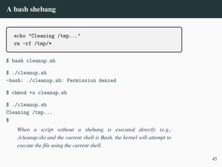 A bash shebang
echo "Cleaning /tmp..."
rm -rf /tmp/*
$ bash cleanup.sh
$ ./cleanup.sh
-bash: ./cleanup.sh: Permission denied
$ chmod +x cleanup.sh
$ ./cleanup.sh
Cleaning /tmp...
$
When a script without a shebang is executed directly (e.g.,
./cleanup.sh) and the current shell is Bash, the kernel will attempt to
execute the file using the current shell.
45
 
