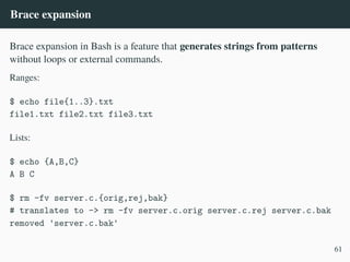Brace expansion
Brace expansion in Bash is a feature that generates strings from patterns
without loops or external commands.
Ranges:
$ echo file{1..3}.txt
file1.txt file2.txt file3.txt
Lists:
$ echo {A,B,C}
A B C
$ rm -fv server.c.{orig,rej,bak}
# translates to -> rm -fv server.c.orig server.c.rej server.c.bak
removed 'server.c.bak'
61
 