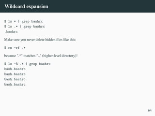Wildcard expansion
$ ls * | grep bashrc
$ ls .* | grep bashrc
.bashrc
Make sure you never delete hidden files like this:
$ rm -rf .*
because ".*" matches ".." (higher-level directory)!
$ ls -R .* | grep bashrc
bash.bashrc
bash.bashrc
bash.bashrc
bash.bashrc
64
 