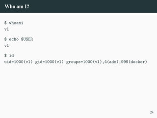 Who am I?
$ whoami
vl
$ echo $USER
vl
$ id
uid=1000(vl) gid=1000(vl) groups=1000(vl),4(adm),999(docker)
24
 