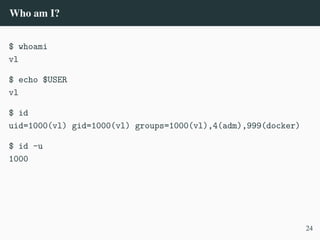 Who am I?
$ whoami
vl
$ echo $USER
vl
$ id
uid=1000(vl) gid=1000(vl) groups=1000(vl),4(adm),999(docker)
$ id -u
1000
24
 