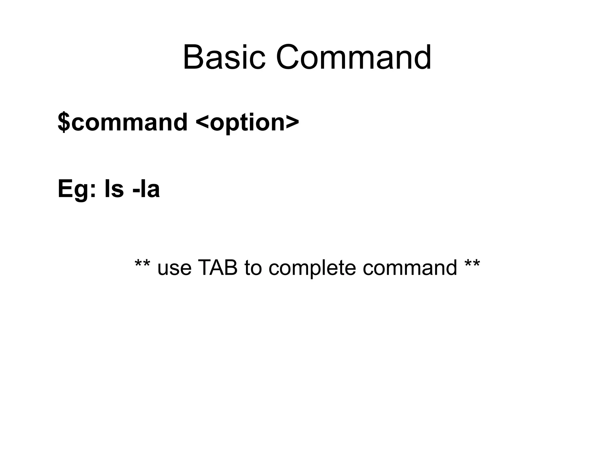 Basic Command
$command <option>

Eg: ls -la


       ** use TAB to complete command **
 