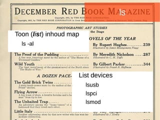 Joomladagen 2015Joomladagen 2015
ls
Toon (list) inhoud map
ls -al
List devices
lsusb
lspci
lsmod
 