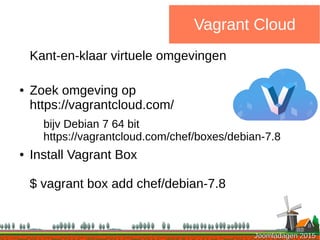 Joomladagen 2015Joomladagen 2015
Vagrant Cloud
Kant-en-klaar virtuele omgevingen
● Zoek omgeving op
https://vagrantcloud.com/
bijv Debian 7 64 bit
https://vagrantcloud.com/chef/boxes/debian-7.8
● Install Vagrant Box
$ vagrant box add chef/debian-7.8
 