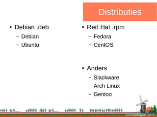 Joomladagen 2015Joomladagen 2015
● Debian .deb
– Debian
– Ubuntu
Distributies
● Red Hat .rpm
– Fedora
– CentOS
● Anders
– Slackware
– Arch Linux
– Gentoo
 