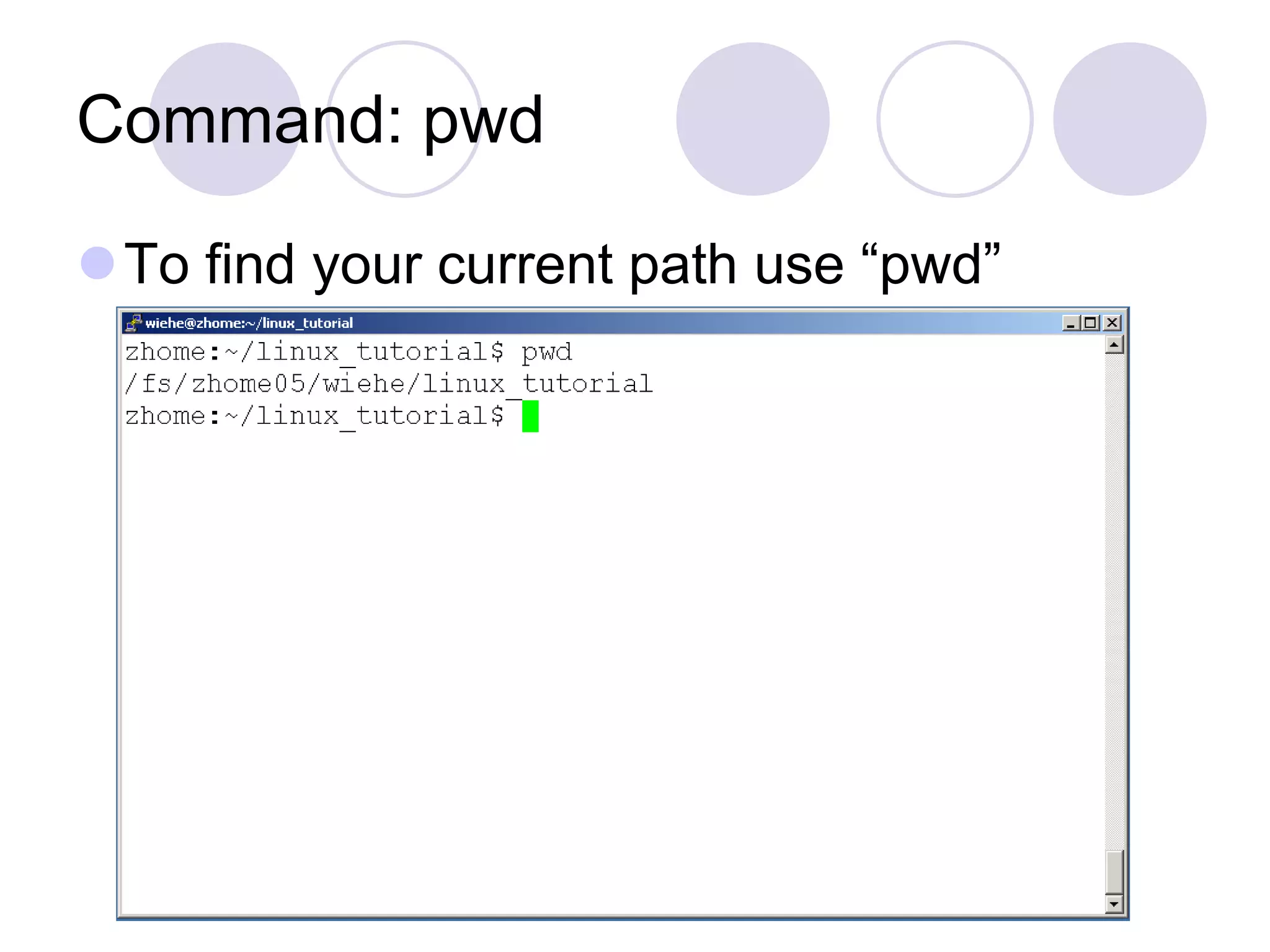 Command: pwd
To find your current path use “pwd”
 