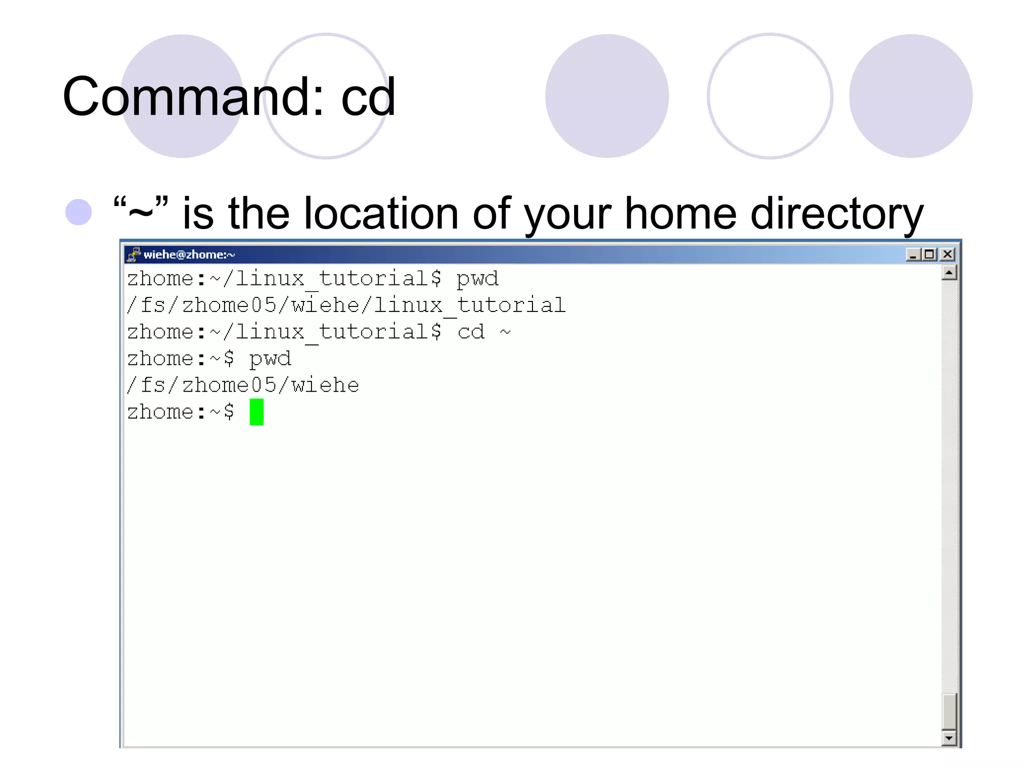 Command: cd  “~” is the location of your home directory 