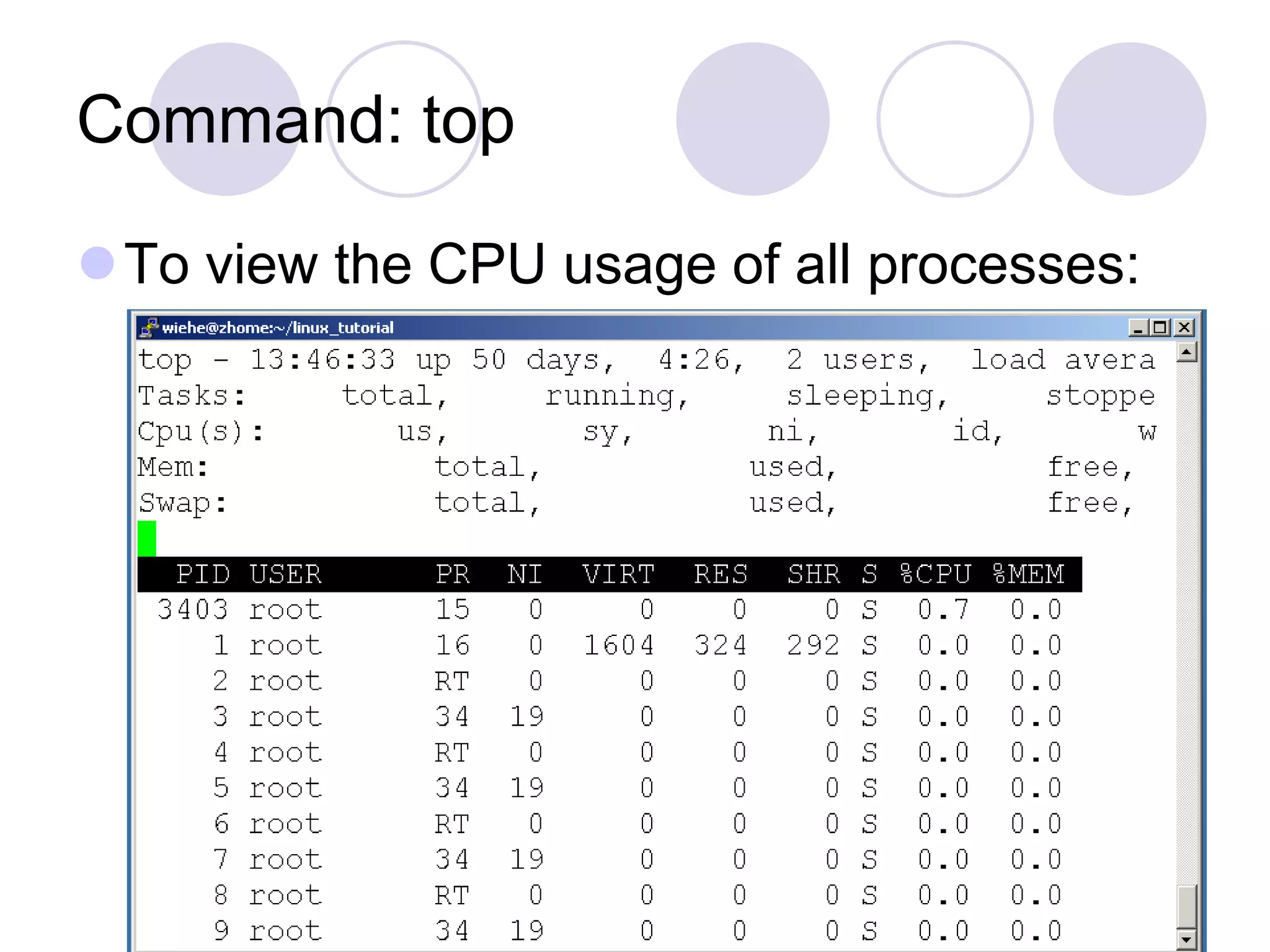 Command: top To view the CPU usage of all processes: 