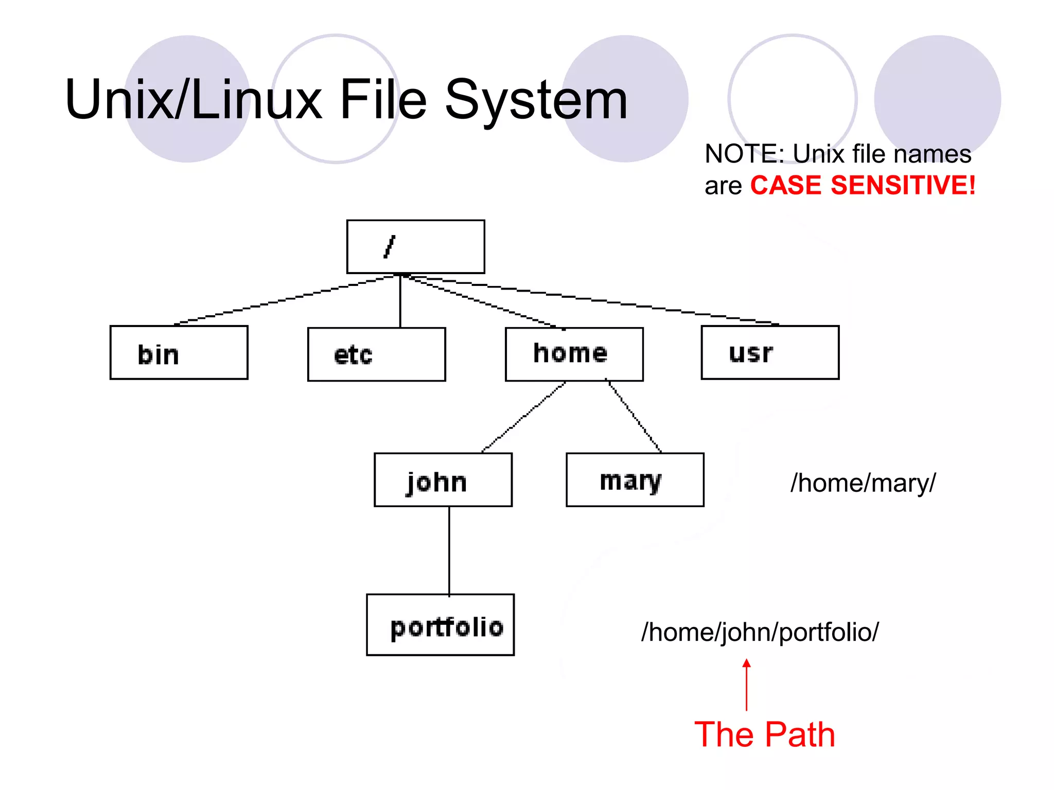 Unix/Linux File System /home/john/portfolio/ /home/mary/ The Path NOTE: Unix file names are CASE SENSITIVE! 