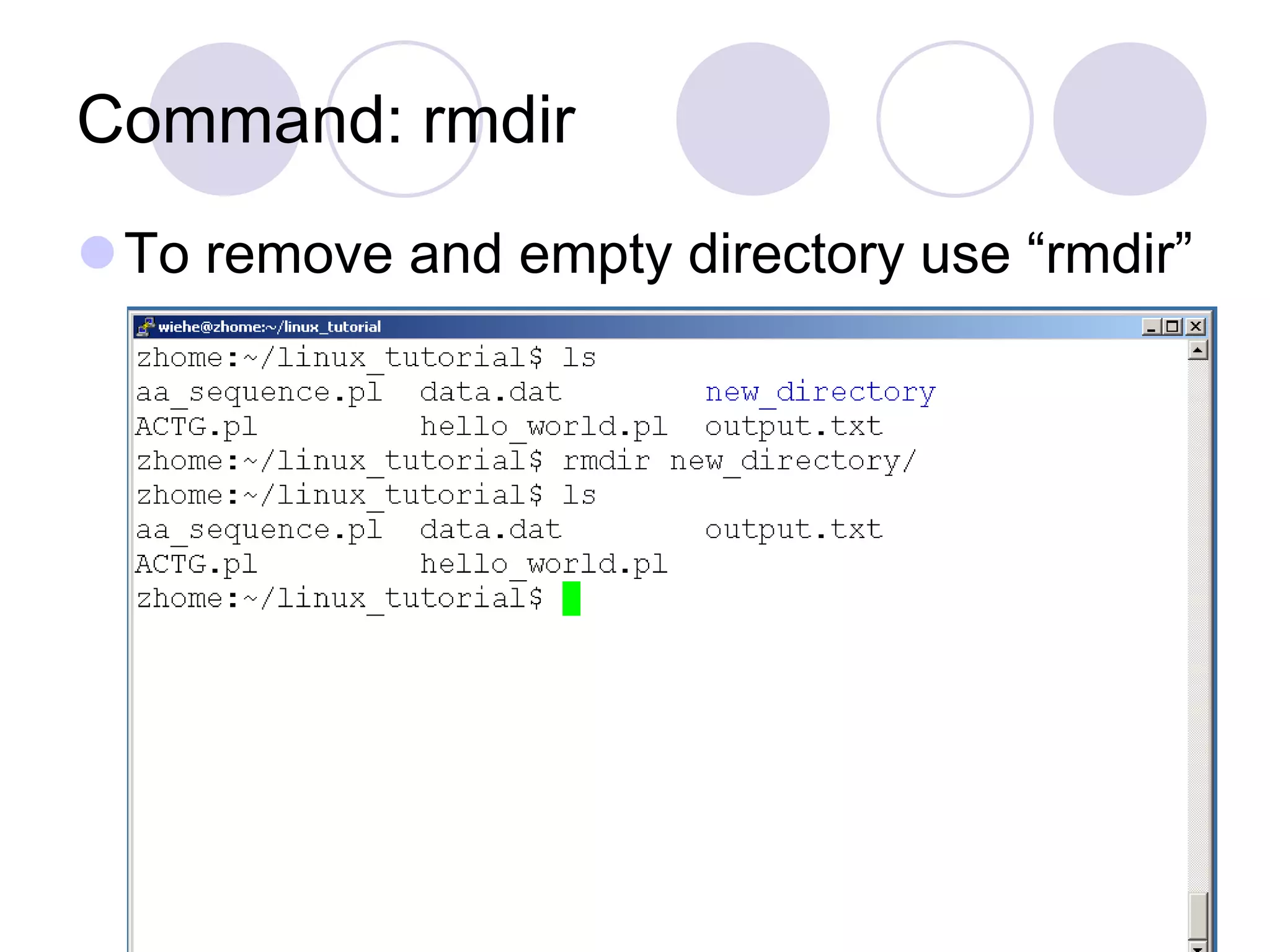 Command: rmdir
To remove and empty directory use “rmdir”
 