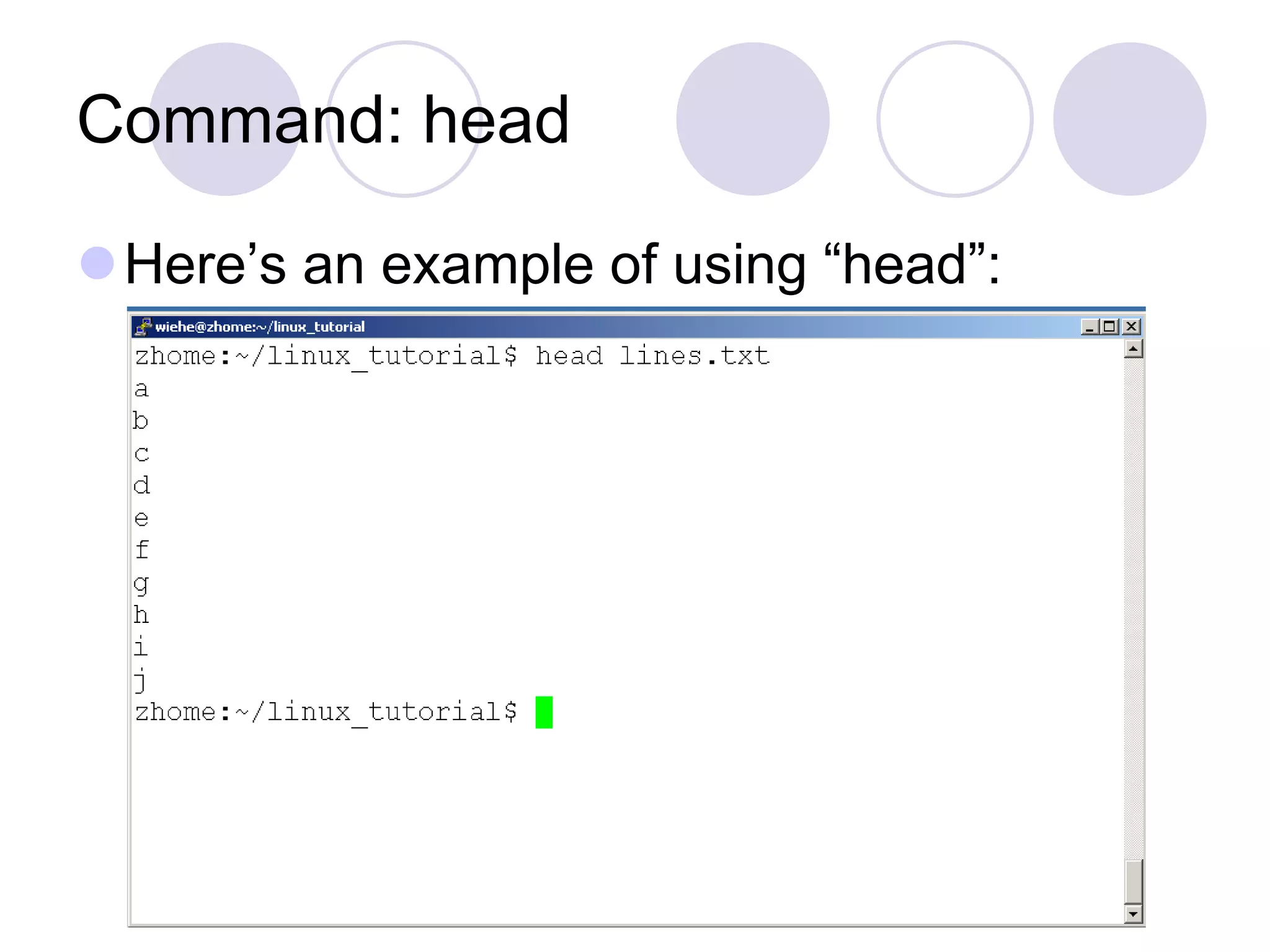 Command: head
Here’s an example of using “head”:
 
