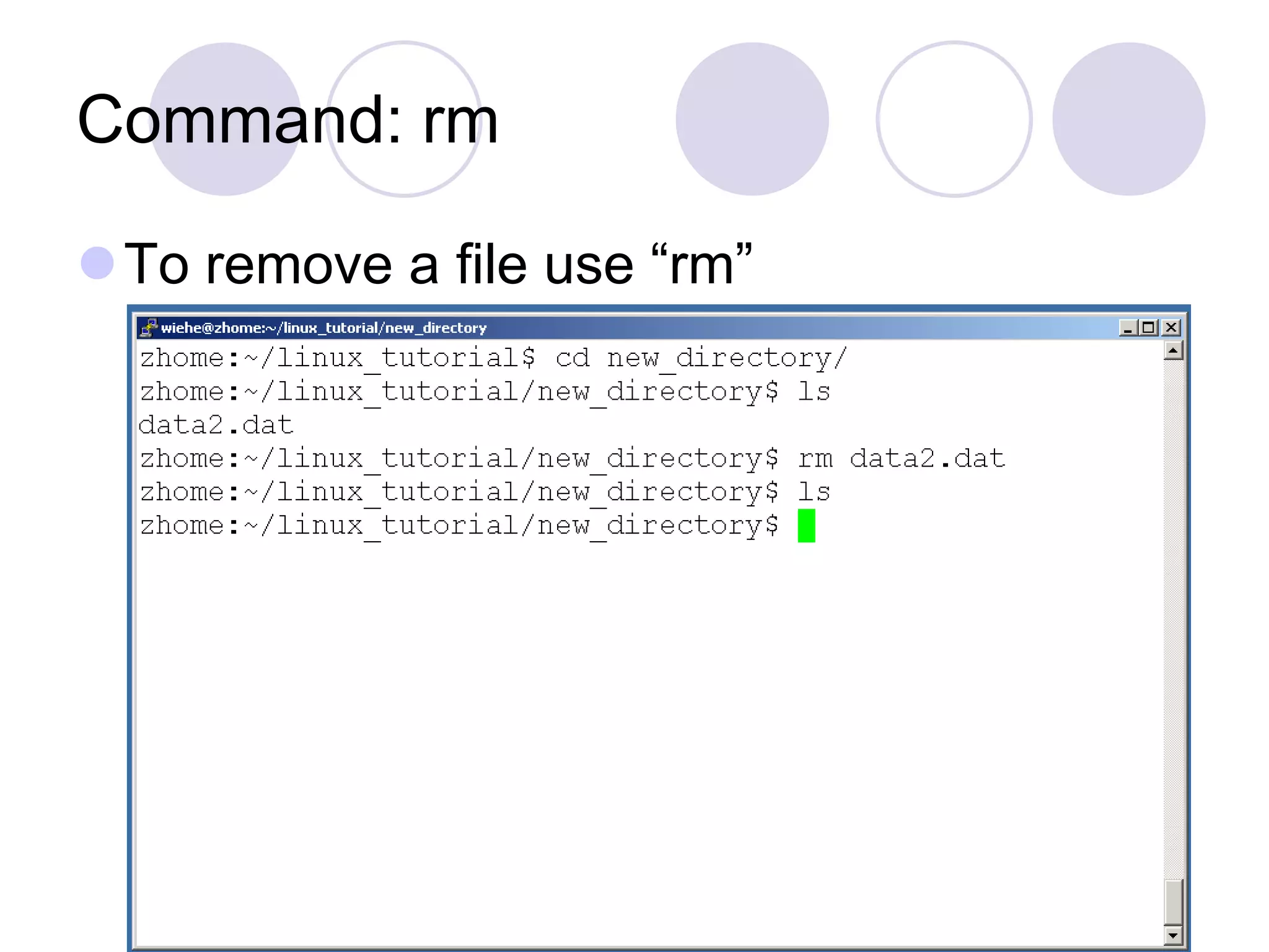Command: rm
To remove a file use “rm”
 