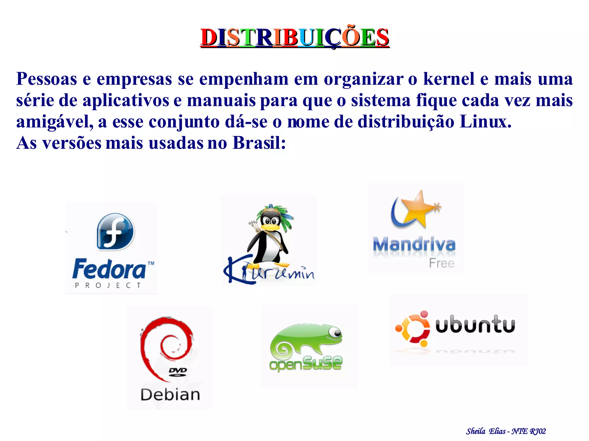 D I S T R I B U I Ç Õ E S Pessoas e empresas se empenham em organizar o kernel e mais uma série de aplicativos e manuais para que o sistema fique cada vez mais amigável, a esse conjunto dá-se o nome de distribuição Linux. As versões mais usadas no Brasil:  