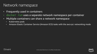 © 2018, Amazon Web Services, Inc. or its affiliates. All rights reserved.
Mount namespace
• Used for giving containers
the...