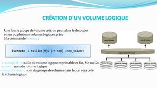 Une fois le groupe de volume créé, on peut alors le découper
en un ou plusieurs volumes logiques grâce
à la commande lvcreate :
-L tailleK|M|G : taille du volume logique exprimable en Ko, Mo ou Go
-n nom : nom du volume logique
<nom_volume> : nom du groupe de volumes dans lequel sera créé
le volume logique.
lvcreate -L tailleK[M]G [-n nom] <nom_volume>
 