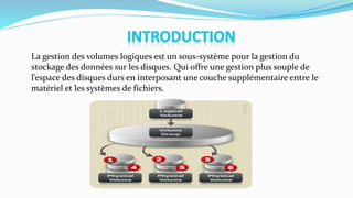 La gestion des volumes logiques est un sous-système pour la gestion du
stockage des données sur les disques. Qui offre une gestion plus souple de
l’espace des disques durs en interposant une couche supplémentaire entre le
matériel et les systèmes de fichiers.
 