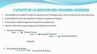  la possibilité de modifier la taille des partitions sur les disques durs sans avoir besoin de tout reformater.
 la possibilité de créer des partitions s'étalant sur plusieurs disques.
 éviter arrêt et redémarrage d'une machine en production.
 ajouter, enlever de l'espace disque d'un filesystem à la volée.
 Partition de disque
Volume Group
Logicals Volumes
Système de fichiers
 Une partition de disque
Un système de fichier
Aulieude:
 