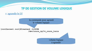 2. agrandir le LV
volume logique
à agrandir
la commande pour agrandi
le volume logique
[root@accent root]#lvextend -L+400M
/dev/cours_vg/lv_cours_lunix
 