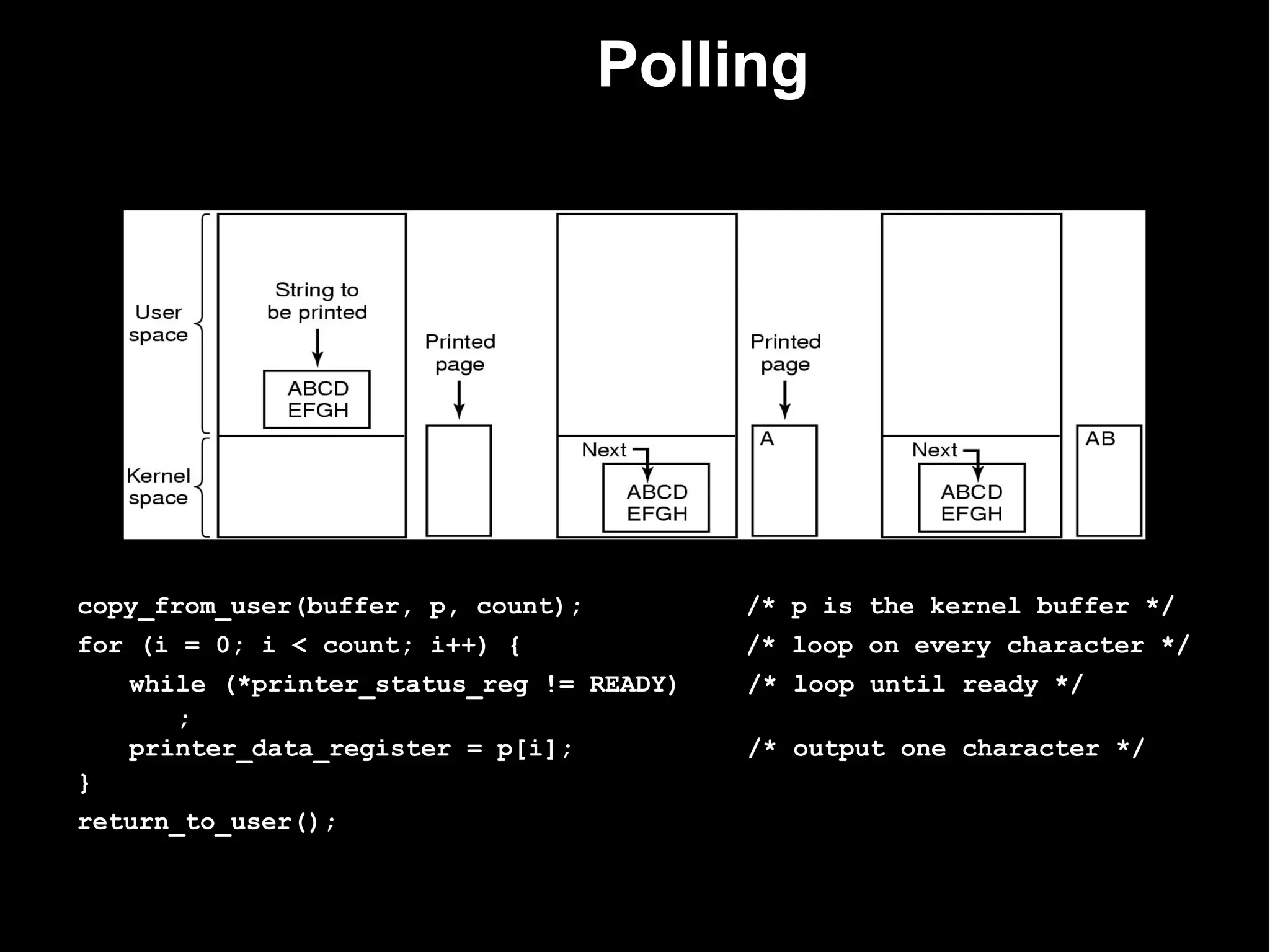 Polling




copy_from_user(buffer, p, count);          /* p is the kernel buffer */
for (i = 0; i < count; i++) {              /* loop on every character */
    while (*printer_status_reg != READY)   /* loop until ready */
       ;
    printer_data_register = p[i];          /* output one character */
}
return_to_user();
 