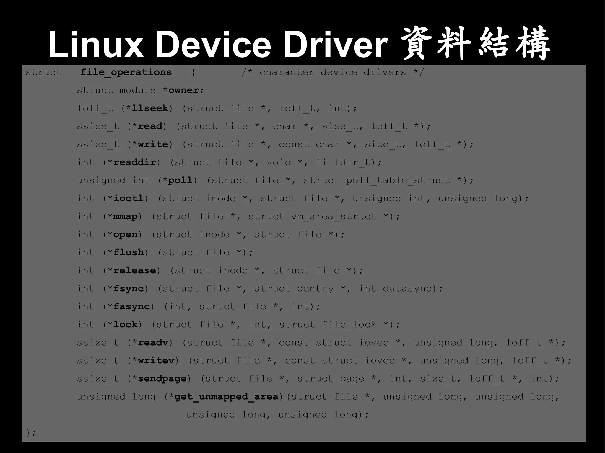 Linux Device Driver 資料結構
struct   file_operations   {       /* character device drivers */
         struct module *owner;
         loff_t (*llseek) (struct file *, loff_t, int);
         ssize_t (*read) (struct file *, char *, size_t, loff_t *);
         ssize_t (*write) (struct file *, const char *, size_t, loff_t *);
         int (*readdir) (struct file *, void *, filldir_t);
         unsigned int (*poll) (struct file *, struct poll_table_struct *);
         int (*ioctl) (struct inode *, struct file *, unsigned int, unsigned long);
         int (*mmap) (struct file *, struct vm_area_struct *);
         int (*open) (struct inode *, struct file *);
         int (*flush) (struct file *);
         int (*release) (struct inode *, struct file *);
         int (*fsync) (struct file *, struct dentry *, int datasync);
         int (*fasync) (int, struct file *, int);
         int (*lock) (struct file *, int, struct file_lock *);
         ssize_t (*readv) (struct file *, const struct iovec *, unsigned long, loff_t *);
         ssize_t (*writev) (struct file *, const struct iovec *, unsigned long, loff_t *);
         ssize_t (*sendpage) (struct file *, struct page *, int, size_t, loff_t *, int);
         unsigned long (*get_unmapped_area)(struct file *, unsigned long, unsigned long,
                           unsigned long, unsigned long);
};
 