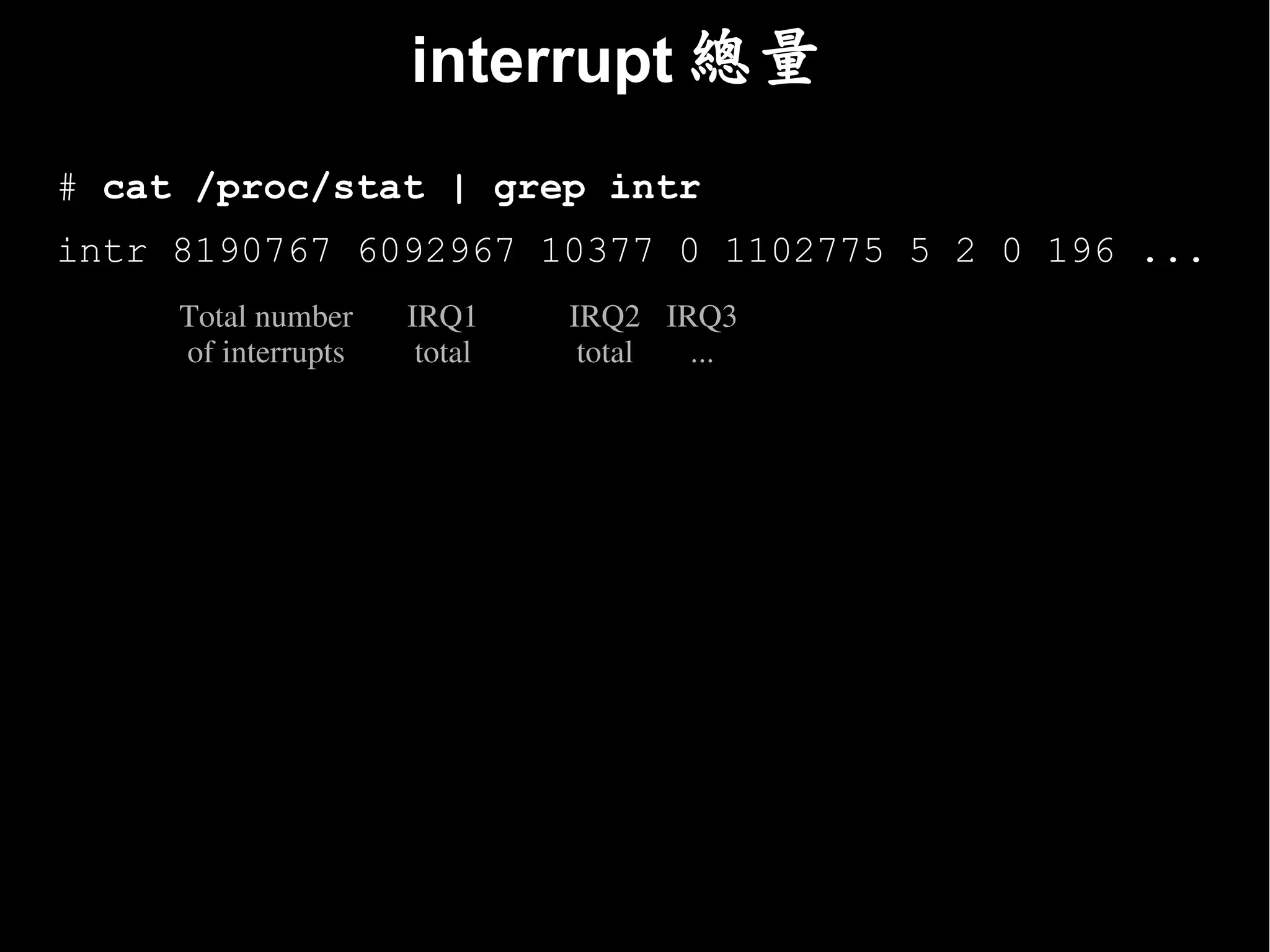 interrupt 總量
# cat /proc/stat | grep intr
intr 8190767 6092967 10377 0 1102775 5 2 0 196 ...
     Total number    IRQ1     IRQ2 IRQ3
     of interrupts    total    total ...
 
