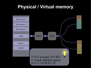 Physical / Virtual memory
         Physical address space                               Virtual address spaces
0xFFFFFFFFF                                     0xFFFFFFFFF           0xFFFFFFFFF
                                                                                       Kernel
              I/O memory 3                                             0xC0000000

                                                                        Process1
              I/O memory 2         Memory
                                  Management
                                     Unit                              0x00000000
              I/O memory 1                       0x00000000




                 Flash            MMU          CPU

                                                                      0xFFFFFFFFF
                                                                                       Kernel
                RAM 1                                                  0xC0000000


                RAM 0                                                   Process2


                                                                       0x00000000

0x00000000
                             所有的 process 都有獨自
                             的 virtual address space ，
                             認為可存取整個空間
 