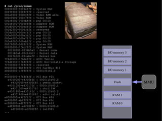 # cat /proc/iomem
00000000-0009efff : System RAM
0009f000-0009ffff : reserved
000a0000-000bffff : Video RAM area
000c0000-000c7fff : Video ROM
000c8000-000cbfff : pnp 00:00
000cf000-000cffff : Adapter ROM
000d0000-000d0fff : Adapter ROM
000d2000-000d3fff : reserved
000dc000-000dffff : pnp 00:00
000e0000-000e3fff : pnp 00:00
000e4000-000e7fff : pnp 00:00
000e8000-000ebfff : pnp 00:00                            實體 / 硬體位址 (Addressing)
000f0000-000fffff : System ROM
00100000-7f6cffff : System RAM                  0xFFFFFFFFF
  00100000-0031b5a3 : Kernel code
  0031b5a4-00414dc3 : Kernel data                             I/O memory 3
  00476000-004eba7f : Kernel bss
7f6d0000-7f6defff : ACPI Tables
7f6df000-7f6fffff : ACPI Non-volatile Storage                 I/O memory 2    Memory
7f700000-7fffffff : reserved                                                 Management
88000000-8bffffff : PCI CardBus #16
d0000000-dfffffff : 0000:00:02.0                              I/O memory 1      Unit
...
e4300000-e7ffffff : PCI Bus #15
  e4300000-e4300fff : 0000:15:00.0
    e4300000-e4300fff : yenta_socket                             Flash         MMU
  e4301000-e43017ff : 0000:15:00.1
    e4301000-e43017ff : ohci1394
  e4301800-e43018ff : 0000:15:00.2
    e4301800-e43018ff : sdhci:slot0                             RAM 1
e8000000-e9ffffff : PCI Bus #04
ea000000-ebffffff : PCI Bus #0c
ec000000-edffffff : PCI Bus #03                                 RAM 0
  edf00000-edf00fff : 0000:03:00.0
    edf00000-edf00fff : iwl3945
...

                                                0x00000000
 