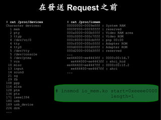 在發送 Request 之前
# cat /proc/devices       # cat /proc/iomem
Character devices:        00000000-0009efff :   System RAM
  1 mem                   0009f000-0009ffff :   reserved
  2 pty                   000a0000-000bffff :   Video RAM area
  3 ttyp                  000c0000-000c7fff :   Video ROM
  4 /dev/vc/0             000c8000-000cbfff :   pnp 00:00
  4 tty                   000cf000-000cffff :   Adapter ROM
  4 ttyS                  000d0000-000d0fff :   Adapter ROM
  5 /dev/tty              000d2000-000d3fff :   reserved
  5 /dev/console          ...
  5 /dev/ptmx             ee444000-ee4443ff :   0000:00:1d.7
  7 vcs                     ee444000-ee4443ff   : ehci_hcd
 10 misc                  ee444400-ee4447ff :   0000:00:1f.2
 13 input                   ee444400-ee4447ff   : ahci
 14 sound                 ...
 21 sg
 29 fb
108 ppp
116 alsa
128 ptm               # insmod io_mem.ko start=0xeeee0000
136 pts
171 ieee1394                             length=1
180 usb
189 usb_device
226 drm
...
 