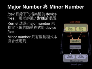 Major Number 與 Minor Number
• /dev 目錄下的檔案稱為 device
  files ，用以辨識 / 對應於裝置
                                               User­space
• Kernel 透過 major number 來
  指定正確的驅動程式給 device                          Read
                                             buffer
                                                          Write
                                                          string
  files
                                            read               write
• Minor number 只有驅動程式本
  身會使用到                                            /dev/foo




                                                                       Copy from user
                             Copy to user
                                               major / minor



                                             Read          Write
                                            handler       handler
                                               Device driver
                                               Kernel space
 