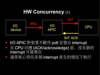 HW Concurrency (1)
                          INT
           IRQ
 I/O               I/O             CPU
device            APIC

                         INT ACK
I/O APIC 對裝置不斷作 poll 並發出 interrupt
在 CPU 回應 (ACK/acknowledge) 前，沒有新的
interrupt 可被發出
通常核心得在多個 interrupt 產生的情況下執行
 