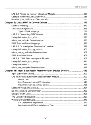 [ 9 ]
Table of Contents
[ 9 ]
LAB 8.1: "linked list memory allocation" Module........................................................363
Listing 8-1: linkedlist_imx_platform.c...........................................................................366
linkedlist_imx_platform.ko Demonstration...................................................................371
Chapter 9: Linux DMA in Device Drivers..........................................................373
Cache Coherency.................................................................................................373
Linux DMA Engine API.........................................................................................375
Types of DMA Mappings......................................................................................378
LAB 9.1: "streaming DMA" Module.......................................................................382
Listing 9-1: sdma_imx_m2m.c..............................................................................390
sdma_imx_m2m.ko Demonstration.......................................................................395
DMA Scather/Gather Mappings............................................................................396
LAB 9.2: "scatter/gather DMA device" Module.....................................................397
Listing 9-2: sdma_imx_sg_m2m.c.........................................................................400
sdma_imx_sg_m2m.ko Demonstration.................................................................407
DMA from User Space..........................................................................................407
LAB 9.3: "DMA from user space" Module.............................................................409
Listing 9-3: sdma_imx_mmap.c............................................................................411
Listing 9-4: sdma.c................................................................................................416
sdma_imx_mmap.ko Demonstration.....................................................................417
Chapter 10: Input Subsystem Framework for Device Drivers........................419
Input Subsystem Drivers.......................................................................................420
LAB 10.1: "input subsystem accelerometer" Module............................................423
Device Tree..........................................................................................................425
Input Framework as an I2C Interaction................................................................426
Input Framework as an Input Device....................................................................428
Listing 10-1: i2c_imx_accel.c................................................................................431
i2c_imx_accel.ko Demonstration..........................................................................433
Using SPI with Linux.............................................................................................435
The Linux SPI Subsystem....................................................................................437
Writing SPI Client Drivers.....................................................................................440
SPI Client Driver Registration...............................................................................440
Declaration of SPI Devices in Device Tree...........................................................442
 