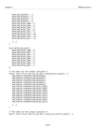 [ 129 ]
Chapter 5 Platform Drivers
[ 129 ]
MX7D_PAD_RESERVE1 = 1,
MX7D_PAD_RESERVE2 = 2,
MX7D_PAD_RESERVE3 = 3,
MX7D_PAD_RESERVE4 = 4,
MX7D_PAD_GPIO1_IO08 = 5,
MX7D_PAD_GPIO1_IO09 = 6,
MX7D_PAD_GPIO1_IO10 = 7,
MX7D_PAD_GPIO1_IO11 = 8,
MX7D_PAD_GPIO1_IO12 = 9,
MX7D_PAD_GPIO1_IO13 = 10,
MX7D_PAD_GPIO1_IO14 = 11,
MX7D_PAD_GPIO1_IO15 = 12,
[...]
}
enum imx7d_lpsr_pads {
MX7D_PAD_GPIO1_IO00 = 0,
MX7D_PAD_GPIO1_IO01 = 1,
MX7D_PAD_GPIO1_IO02 = 2,
MX7D_PAD_GPIO1_IO03 = 3,
MX7D_PAD_GPIO1_IO04 = 4,
MX7D_PAD_GPIO1_IO05 = 5,
MX7D_PAD_GPIO1_IO06 = 6,
MX7D_PAD_GPIO1_IO07 = 7,
};
/* Pad names for the pinmux subsystem */
static const struct pinctrl_pin_desc imx7d_pinctrl_pads[] = {
IMX_PINCTRL_PIN(MX7D_PAD_RESERVE0),
IMX_PINCTRL_PIN(MX7D_PAD_RESERVE1),
IMX_PINCTRL_PIN(MX7D_PAD_RESERVE2),
IMX_PINCTRL_PIN(MX7D_PAD_RESERVE3),
IMX_PINCTRL_PIN(MX7D_PAD_RESERVE4),
IMX_PINCTRL_PIN(MX7D_PAD_GPIO1_IO08),
IMX_PINCTRL_PIN(MX7D_PAD_GPIO1_IO09),
IMX_PINCTRL_PIN(MX7D_PAD_GPIO1_IO10),
IMX_PINCTRL_PIN(MX7D_PAD_GPIO1_IO11),
IMX_PINCTRL_PIN(MX7D_PAD_GPIO1_IO12),
IMX_PINCTRL_PIN(MX7D_PAD_GPIO1_IO13),
IMX_PINCTRL_PIN(MX7D_PAD_GPIO1_IO14),
IMX_PINCTRL_PIN(MX7D_PAD_GPIO1_IO15),
[...]
}
/* Pad names for the pinmux subsystem */
static const struct pinctrl_pin_desc imx7d_lpsr_pinctrl_pads[] = {
 