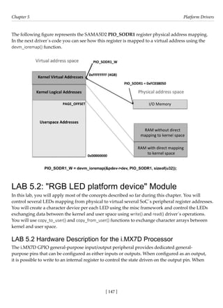 [ 147 ]
Chapter 5 Platform Drivers
[ 147 ]
The following figure represents the SAMA5D2 PIO_SODR1 register physical address mapping.
In the next driver´s code you can see how this register is mapped to a virtual address using the
devm_ioremap() function.
LAB 5.2: "RGB LED platform device" Module
In this lab, you will apply most of the concepts described so far during this chapter. You will
control several LEDs mapping from physical to virtual several SoC´s peripheral register addresses.
You will create a character device per each LED using the misc framework and control the LEDs
exchanging data between the kernel and user space using write() and read() driver´s operations.
You will use copy_to_user() and copy_from_user() functions to exchange character arrays between
kernel and user space.
LAB 5.2 Hardware Description for the i.MX7D Processor
The i.MX7D GPIO general-purpose input/output peripheral provides dedicated general-
purpose pins that can be configured as either inputs or outputs. When configured as an output,
it is possible to write to an internal register to control the state driven on the output pin. When
 