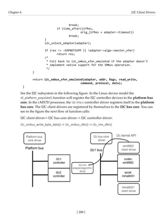 [ 209 ]
Chapter 6 I2C Client Drivers
[ 209 ]
				 break;
			 if (time_after(jiffies,
				 orig_jiffies + adapter->timeout))
				 break;
		 }
		 i2c_unlock_adapter(adapter);
		 if (res != -EOPNOTSUPP || !adapter->algo->master_xfer)
			 return res;
		 /*
		 * Fall back to i2c_smbus_xfer_emulated if the adapter doesn't
		 * implement native support for the SMBus operation.
		 */
}
return i2c_smbus_xfer_emulated(adapter, addr, flags, read_write,
				 command, protocol, data);
}
See the I2C subsystem in the following figure. In the Linux device model the
of_platform_populate() function will register the I2C controller devices to the platform bus
core. In the i.MX7D processor, the i2c-imx.c controller driver registers itself to the platform
bus core. The I2C client drivers are registered by themselves to the I2C bus core. You can
see in the figure the next flow of function calls:
I2C client driver-> I2C bus core driver -> I2C controller driver:
i2c_smbus_write_byte_data() -> i2c_smbus_xfer() -> i2c_imx_xfer()
 