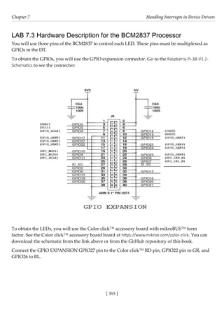 [ 315 ]
Chapter 7 Handling Interrupts in Device Drivers
[ 315 ]
LAB 7.3 Hardware Description for the BCM2837 Processor
You will use three pins of the BCM2837 to control each LED. These pins must be multiplexed as
GPIOs in the DT.
To obtain the GPIOs, you will use the GPIO expansion connector. Go to the Raspberry-Pi-3B-V1.2-
Schematics to see the connector:
To obtain the LEDs, you will use the Color click™ accessory board with mikroBUS™ form
factor. See the Color click™ accessory board board at https://www.mikroe.com/color-click. You can
download the schematic from the link above or from the GitHub repository of this book.
Connect the GPIO EXPANSION GPIO27 pin to the Color click™ RD pin, GPIO22 pin to GR, and
GPIO26 to BL.
 