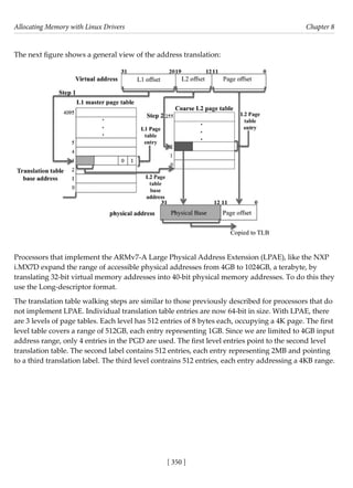 Allocating Memory with Linux Drivers Chapter 8
[ 350 ]
The next figure shows a general view of the address translation:
Processors that implement the ARMv7-A Large Physical Address Extension (LPAE), like the NXP
i.MX7D expand the range of accessible physical addresses from 4GB to 1024GB, a terabyte, by
translating 32-bit virtual memory addresses into 40-bit physical memory addresses. To do this they
use the Long-descriptor format.
The translation table walking steps are similar to those previously described for processors that do
not implement LPAE. Individual translation table entries are now 64-bit in size. With LPAE, there
are 3 levels of page tables. Each level has 512 entries of 8 bytes each, occupying a 4K page. The first
level table covers a range of 512GB, each entry representing 1GB. Since we are limited to 4GB input
address range, only 4 entries in the PGD are used. The first level entries point to the second level
translation table. The second label contains 512 entries, each entry representing 2MB and pointing
to a third translation label. The third level contrains 512 entries, each entry addressing a 4KB range.
 