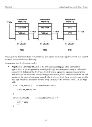 [ 351 ]
Chapter 8 Allocating Memory with Linux Drivers
[ 351 ]
The page table definitions have been separated into pgtable-2level.h and pgtable-3level.h files located
under arch/arm/include/asm/ directory.
Linux uses a four-level paging model:
• Page Global Directory (PGD): It is the first level (level 1) page table. Each entry's
type is pgd_t in kernel (generally an unsigned long), and point on an entry in table at the
second level. In kernel, the struct task_struct structure represents a process's description,
which in turn has a member mm whose type is struct mm_struct, and that characterizes and
represents the process's memory space. In the struct mm_struct, there is a processor-specific
field pgd, which is a pointer on the first entry (entry 0) of the process's level-1 (PGD) page
table.
struct task_struct {   :include/linux/sched.h
    ...
    struct mm_struct *mm
    ...
}
struct mm_struct{      :include/linux/mm_types.h
    ...
    pgd_t * pgd;
    ...
}
 