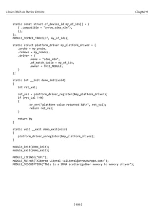 Linux DMA in Device Drivers Chapter 9
[ 406 ]
static const struct of_device_id my_of_ids[] = {
{ .compatible = "arrow,sdma_m2m"},
{},
};
MODULE_DEVICE_TABLE(of, my_of_ids);
static struct platform_driver my_platform_driver = {
.probe = my_probe,
.remove = my_remove,
.driver = {
		 .name = "sdma_m2m",
		 .of_match_table = my_of_ids,
		 .owner = THIS_MODULE,
}
};
static int __init demo_init(void)
{
int ret_val;
ret_val = platform_driver_register(&my_platform_driver);
if (ret_val !=0)
{
		 pr_err("platform value returned %dn", ret_val);
		 return ret_val;
}
return 0;
}
static void __exit demo_exit(void)
{
platform_driver_unregister(&my_platform_driver);
}
module_init(demo_init);
module_exit(demo_exit);
MODULE_LICENSE("GPL");
MODULE_AUTHOR("Alberto Liberal <aliberal@arroweurope.com>");
MODULE_DESCRIPTION("This is a SDMA scatter/gather memory to memory driver");
 