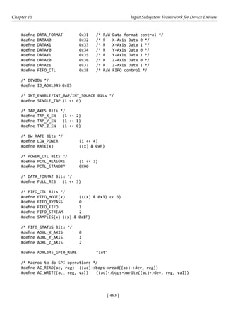 [ 463 ]
Chapter 10 Input Subsystem Framework for Device Drivers
[ 463 ]
#define DATA_FORMAT 0x31 /* R/W Data format control */
#define DATAX0		 0x32 /* R X-Axis Data 0 */
#define DATAX1		 0x33 /* R X-Axis Data 1 */
#define DATAY0		 0x34 /* R Y-Axis Data 0 */
#define DATAY1		 0x35 /* R Y-Axis Data 1 */
#define DATAZ0		 0x36 /* R Z-Axis Data 0 */
#define DATAZ1		 0x37 /* R Z-Axis Data 1 */
#define FIFO_CTL		 0x38 /* R/W FIFO control */
/* DEVIDs */
#define ID_ADXL345 0xE5
/* INT_ENABLE/INT_MAP/INT_SOURCE Bits */
#define SINGLE_TAP (1 << 6)
/* TAP_AXES Bits */
#define TAP_X_EN (1 << 2)
#define TAP_Y_EN (1 << 1)
#define TAP_Z_EN (1 << 0)
/* BW_RATE Bits */
#define LOW_POWER		 (1 << 4)
#define RATE(x)		 ((x) & 0xF)
/* POWER_CTL Bits */
#define PCTL_MEASURE (1 << 3)
#define PCTL_STANDBY 0X00
/* DATA_FORMAT Bits */
#define FULL_RES (1 << 3)
/* FIFO_CTL Bits */
#define FIFO_MODE(x) (((x) & 0x3) << 6)
#define FIFO_BYPASS 0
#define FIFO_FIFO		 1
#define FIFO_STREAM 2
#define SAMPLES(x) ((x) & 0x1F)
/* FIFO_STATUS Bits */
#define ADXL_X_AXIS 0
#define ADXL_Y_AXIS 1
#define ADXL_Z_AXIS 2
#define ADXL345_GPIO_NAME		 "int"
/* Macros to do SPI operations */
#define AC_READ(ac, reg) ((ac)->bops->read((ac)->dev, reg))
#define AC_WRITE(ac, reg, val) ((ac)->bops->write((ac)->dev, reg, val))
 