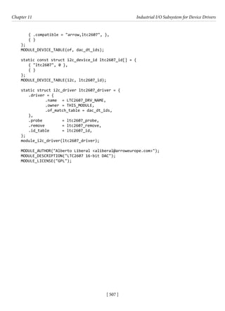 [ 507 ]
Chapter 11 Industrial I/O Subsystem for Device Drivers
[ 507 ]
{ .compatible = "arrow,ltc2607", },
{ }
};
MODULE_DEVICE_TABLE(of, dac_dt_ids);
static const struct i2c_device_id ltc2607_id[] = {
{ "ltc2607", 0 },
{ }
};
MODULE_DEVICE_TABLE(i2c, ltc2607_id);
static struct i2c_driver ltc2607_driver = {
.driver = {
		 .name = LTC2607_DRV_NAME,
		 .owner = THIS_MODULE,
		 .of_match_table = dac_dt_ids,
},
.probe		 = ltc2607_probe,
.remove		 = ltc2607_remove,
.id_table = ltc2607_id,
};
module_i2c_driver(ltc2607_driver);
MODULE_AUTHOR("Alberto Liberal <aliberal@arroweurope.com>");
MODULE_DESCRIPTION("LTC2607 16-bit DAC");
MODULE_LICENSE("GPL");
 