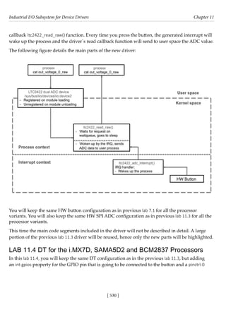 Industrial I/O Subsystem for Device Drivers Chapter 11
[ 530 ]
callback ltc2422_read_raw() function. Every time you press the button, the generated interrupt will
wake up the process and the driver´s read callback function will send to user space the ADC value.
The following figure details the main parts of the new driver:
You will keep the same HW button configuration as in previous lab 7.1 for all the processor
variants. You will also keep the same HW SPI ADC configuration as in previous lab 11.3 for all the
processor variants.
This time the main code segments included in the driver will not be described in detail. A large
portion of the previous lab 11.3 driver will be reused, hence only the new parts will be highlighted.
LAB 11.4 DT for the i.MX7D, SAMA5D2 and BCM2837 Processors
In this lab 11.4, you will keep the same DT configuration as in the previous lab 11.3, but adding
an int-gpios property for the GPIO pin that is going to be connected to the button and a pinctrl-0
 