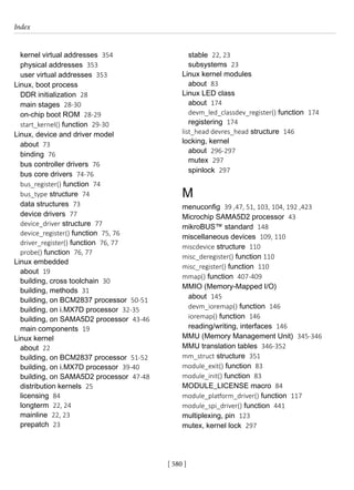 Index
[ 580 ]
kernel virtual addresses 354
physical addresses 353
user virtual addresses 353
Linux, boot process
DDR initialization 28
main stages 28-30
on-chip boot ROM 28-29
start_kernel() function 29-30
Linux, device and driver model
about 73
binding 76
bus controller drivers 76
bus core drivers 74-76
bus_register() function 74
bus_type structure 74
data structures 73
device drivers 77
device_driver structure 77
device_register() function 75, 76
driver_register() function 76, 77
probe() function 76, 77
Linux embedded
about 19
building, cross toolchain 30
building, methods 31
building, on BCM2837 processor 50-51
building, on i.MX7D processor 32-35
building, on SAMA5D2 processor 43-46
main components 19
Linux kernel
about 22
building, on BCM2837 processor 51-52
building, on i.MX7D processor 39-40
building, on SAMA5D2 processor 47-48
distribution kernels 25
licensing 84
longterm 22, 24
mainline 22, 23
prepatch 23
stable 22, 23
subsystems 23
Linux kernel modules
about 83
Linux LED class
about 174
devm_led_classdev_register() function 174
registering 174
list_head devres_head structure 146
locking, kernel
about 296-297
mutex 297
spinlock 297
M
menuconfig 39 ,47, 51, 103, 104, 192 ,423
Microchip SAMA5D2 processor 43
mikroBUS™ standard 148
miscellaneous devices 109, 110
miscdevice structure 110
misc_deregister() function 110
misc_register() function 110
mmap() function 407-409
MMIO (Memory-Mapped I/O)
about 145
devm_ioremap() function 146
ioremap() function 146
reading/writing, interfaces 146
MMU (Memory Management Unit) 345-346
MMU translation tables 346-352
mm_struct structure 351
module_exit() function 83
module_init() function 83
MODULE_LICENSE macro 84
module_platform_driver() function 117
module_spi_driver() function 441
multiplexing, pin 123
mutex, kernel lock 297
 