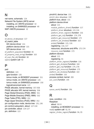 [ 581 ]
Index
[ 581 ]
N
net name, schematic 124
Network File System (NFS) server
installing, on i.MX7D processor 42
installing, on SAMA5D2 processor 49
NXP i.MX7D processor 32
O
of_device_id structure 117
of_match_table
I2C device driver 211
platform device driver 115
SPI device driver 441
of_platform_populate() function 81
of_property_read_string() function 163
of_scan_flat_dt() function 80
open() system call 92
P
pad
definition 123
gpio function 126
iomux mode, on BCM2837 processor 151
iomux mode, on i.MX7D processor 126
iomux mode, on SAMA5D2 processor 150
logical/canonical name 123
PAGE allocator, kernel memory 357-358
PAGE allocator API, kernel memory 358
Page Global Directory (PGD), MMU 351
Page Middle Directory (PMD), MMU 352
Page Table (PTE), MMU 352
Page Upper Directory (PUD), MMU 352
pin configuration node, device tree 135, 136
pin control subsystem, about 127-134
pin controller, about 124-127
pin, definition 123
pinctrl-0, device tree 135
pinctrl_desc structure 130
platform bus, about 115
platform device driver
about 115
module_platform_driver() function 117
platform_driver structure 115-116
platform_driver_register() function 116
platform_get_irq() function 174, 278
platform_get_resource() function 173
platform_set_drvdata() function 163
probe() function 115, 116
registering 116, 117
resources, structures and APIs 172-174
resource_size() function 173
platform devices
about 115
registering 81
platform_driver_register() function 116
platform_get_drvdata() function 164
platform_get_irq() function 174, 278
platform_get_resource() function 173
platform_set_drvdata() function 163
probe() function 116
process context, kernel 283
put_user() function 144
Q
queue_work() function 296
R
race, condition 296
Raspbian
about 50-51
installing, on BCM2837 processor 51
read() system call 92, 93
register_chrdev_region() function 94, 95
 