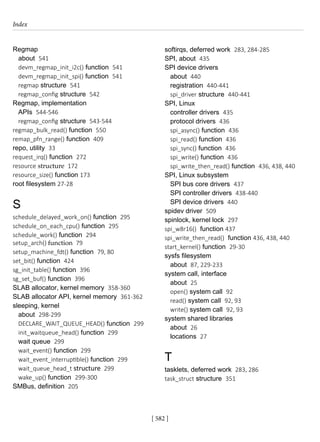 Index
[ 582 ]
Regmap
about 541
devm_regmap_init_i2c() function 541
devm_regmap_init_spi() function 541
regmap structure 541
regmap_config structure 542
Regmap, implementation
APIs 544-546
regmap_config structure 543-544
regmap_bulk_read() function 550
remap_pfn_range() function 409
repo, utility 33
request_irq() function 272
resource structure 172
resource_size() function 173
root filesystem 27-28
S
schedule_delayed_work_on() function 295
schedule_on_each_cpu() function 295
schedule_work() function 294
setup_arch() function 79
setup_machine_fdt() function 79, 80
set_bit() function 424
sg_init_table() function 396
sg_set_buf() function 396
SLAB allocator, kernel memory 358-360
SLAB allocator API, kernel memory 361-362
sleeping, kernel
about 298-299
DECLARE_WAIT_QUEUE_HEAD() function 299
init_waitqueue_head() function 299
wait queue 299
wait_event() function 299
wait_event_interruptible() function 299
wait_queue_head_t structure 299
wake_up() function 299-300
SMBus, definition 205
softirqs, deferred work 283, 284-285
SPI, about 435
SPI device drivers
about 440
registration 440-441
spi_driver structure 440-441
SPI, Linux
controller drivers 435
protocol drivers 436
spi_async() function 436
spi_read() function 436
spi_sync() function 436
spi_write() function 436
spi_write_then_read() function 436, 438, 440
SPI, Linux subsystem
SPI bus core drivers 437
SPI controller drivers 438-440
SPI device drivers 440
spidev driver 509
spinlock, kernel lock 297
spi_w8r16() function 437
spi_write_then_read() function 436, 438, 440
start_kernel() function 29-30
sysfs filesystem
about 87, 229-233
system call, interface
about 25
open() system call 92
read() system call 92, 93
write() system call 92, 93
system shared libraries
about 26
locations 27
T
tasklets, deferred work 283, 286
task_struct structure 351
 
