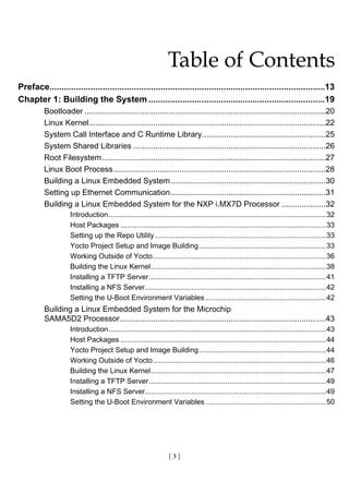 [ 3 ]
Table of Contents
Preface..................................................................................................................13
Chapter 1: Building the System..........................................................................19
Bootloader..............................................................................................................20
Linux Kernel............................................................................................................22
System Call Interface and C Runtime Library.........................................................25
System Shared Libraries........................................................................................26
Root Filesystem......................................................................................................27
Linux Boot Process.................................................................................................28
Building a Linux Embedded System.......................................................................30
Setting up Ethernet Communication.......................................................................31
Building a Linux Embedded System for the NXP i.MX7D Processor.....................32
Introduction.............................................................................................................32
Host Packages.......................................................................................................33
Setting up the Repo Utility......................................................................................33
Yocto Project Setup and Image Building................................................................33
Working Outside of Yocto.......................................................................................36
Building the Linux Kernel........................................................................................38
Installing a TFTP Server.........................................................................................41
Installing a NFS Server...........................................................................................42
Setting the U-Boot Environment Variables.............................................................42
Building a Linux Embedded System for the Microchip
SAMA5D2 Processor..............................................................................................43
Introduction.............................................................................................................43
Host Packages.......................................................................................................44
Yocto Project Setup and Image Building................................................................44
Working Outside of Yocto.......................................................................................46
Building the Linux Kernel........................................................................................47
Installing a TFTP Server.........................................................................................49
Installing a NFS Server...........................................................................................49
Setting the U-Boot Environment Variables.............................................................50
 