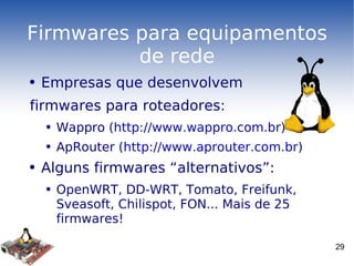 Firmwares para equipamentos de rede Empresas que desenvolvem  firmwares para roteadores: Wappro ( http://www.wappro.com.br ) ApRouter ( http://www.aprouter.com.br ) Alguns firmwares “alternativos”: OpenWRT, DD-WRT, Tomato, Freifunk, Sveasoft, Chilispot, FON... Mais de 25 firmwares! 
