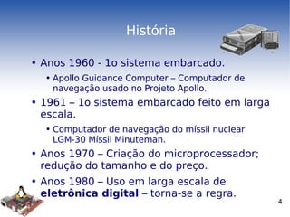 História Anos 1960 - 1o sistema embarcado. Apollo Guidance Computer – Computador de navegação usado no Projeto Apollo. 1961 – 1o sistema embarcado feito em larga escala. Computador de navegação do míssil nuclear LGM-30 Míssil Minuteman. Anos 1970 – Criação do microprocessador; redução do tamanho e do preço. Anos 1980 – Uso em larga escala de  eletrônica digital  – torna-se a regra. 