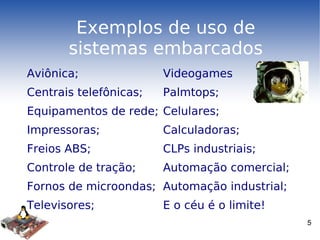 Exemplos de uso de sistemas embarcados Aviônica; Centrais telefônicas; Equipamentos de rede; Impressoras; Freios ABS; Controle de tração; Fornos de microondas; Televisores; Videogames Palmtops; Celulares; Calculadoras; CLPs industriais; Automação comercial; Automação industrial; E o céu é o limite! 