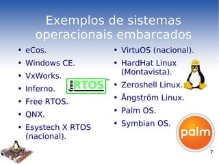 Exemplos de sistemas operacionais embarcados eCos. Windows CE. VxWorks. Inferno. Free RTOS. QNX. Esystech X RTOS (nacional). VirtuOS (nacional). HardHat Linux (Montavista). Zeroshell Linux. Ångström Linux. Palm OS. Symbian OS. 